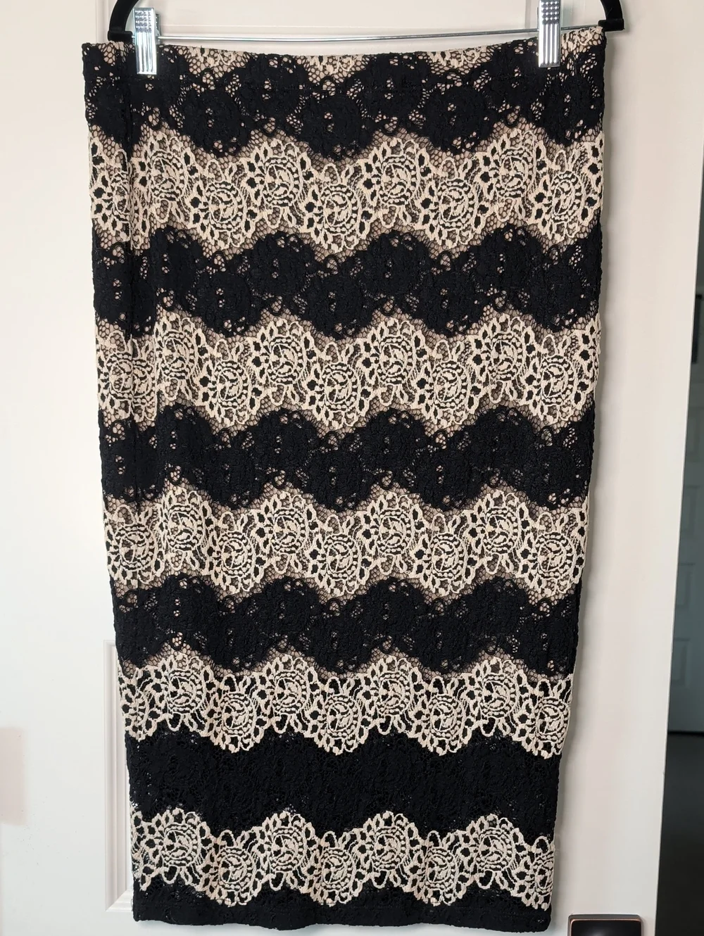 Soprano Black and Cream Lace Stripe Pencil Skirt - Picture 2 of 6